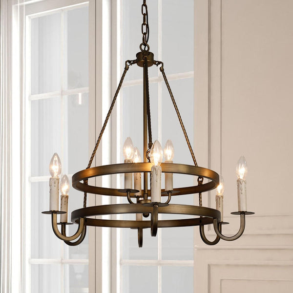 2-Tier Bronze Wagon Wheel Chandelier