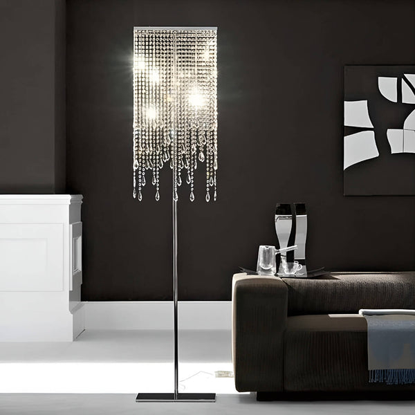 Modern Crystal Silver Floor Lamp with Elegant Vertical Raindrop Square Lampshade