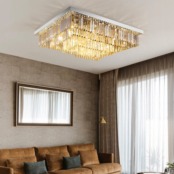 Modern Vertical Bar Rectangular Tiered Crystal Chandelier